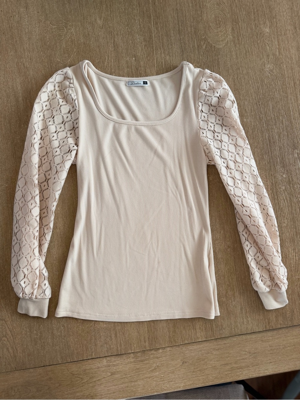 Dorbose Women’s Small Blush Pink Ribbed Top Lace Puff Sleeves